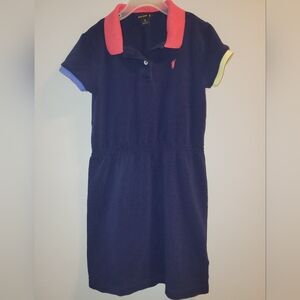 💛 RL Polo Sport Pique Knit Athletic Dress Girls Size 8 Navy Blue Contrast Trim